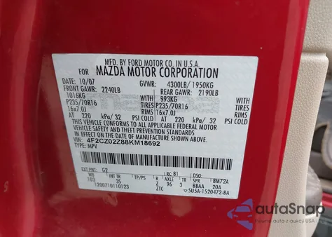 2008 Mazda Tribute I Sport from USA, damaged, VIN 4F2CZ02Z88KM18692